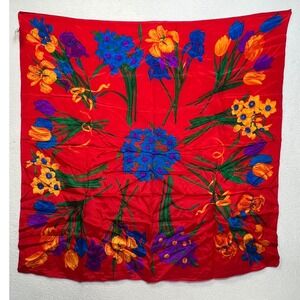 Liz Claiborne 1991 Silk Scarf Red Floral Print Made in Japan Square 30X30